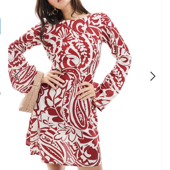 ASOS DESIGN viscose slash neck mini dress with v-back detail in red print - Picture 1 of 11